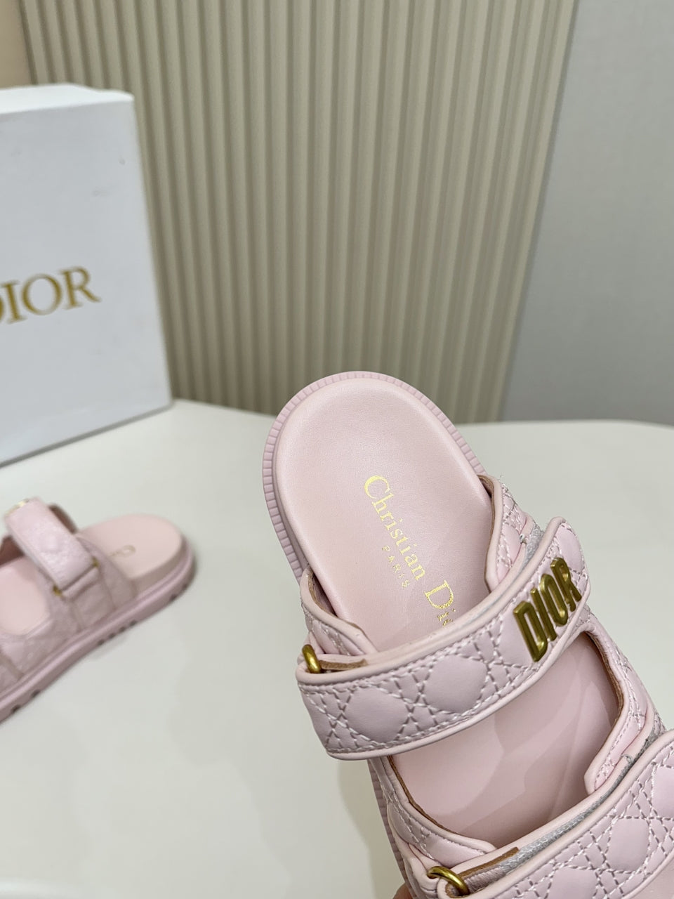 DIOR CLASSIC DOUBLE-STRAP SLIDES 25S IN PASTEL PINK CALFSKIN