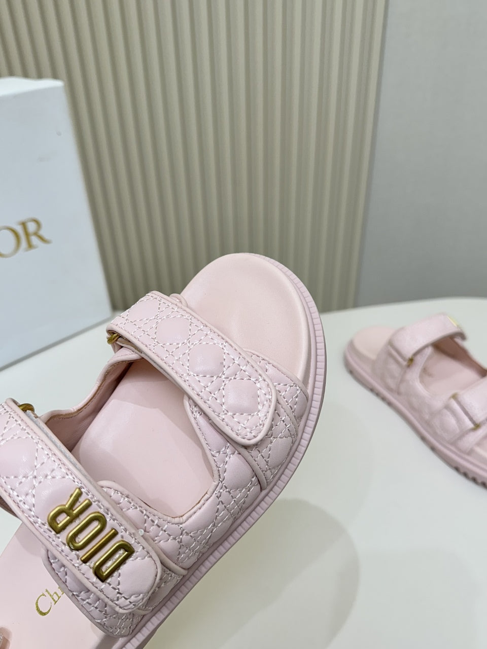 DIOR CLASSIC DOUBLE-STRAP SLIDES 25S IN PASTEL PINK CALFSKIN