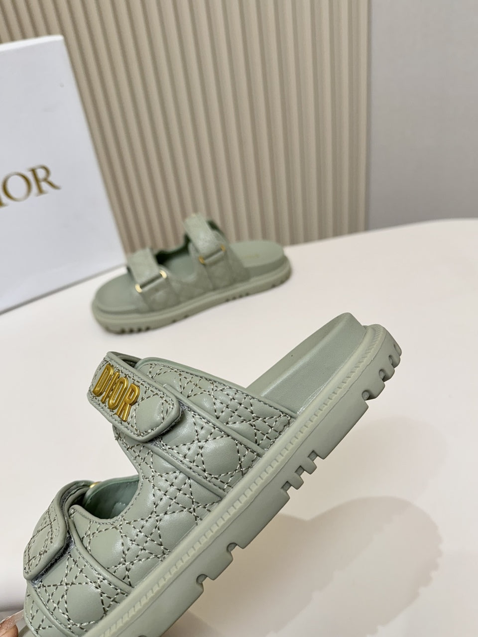 DIOR CLASSIC DOUBLE-STRAP SLIDES 25S IN PALE TEAL GRAY CALFSKIN