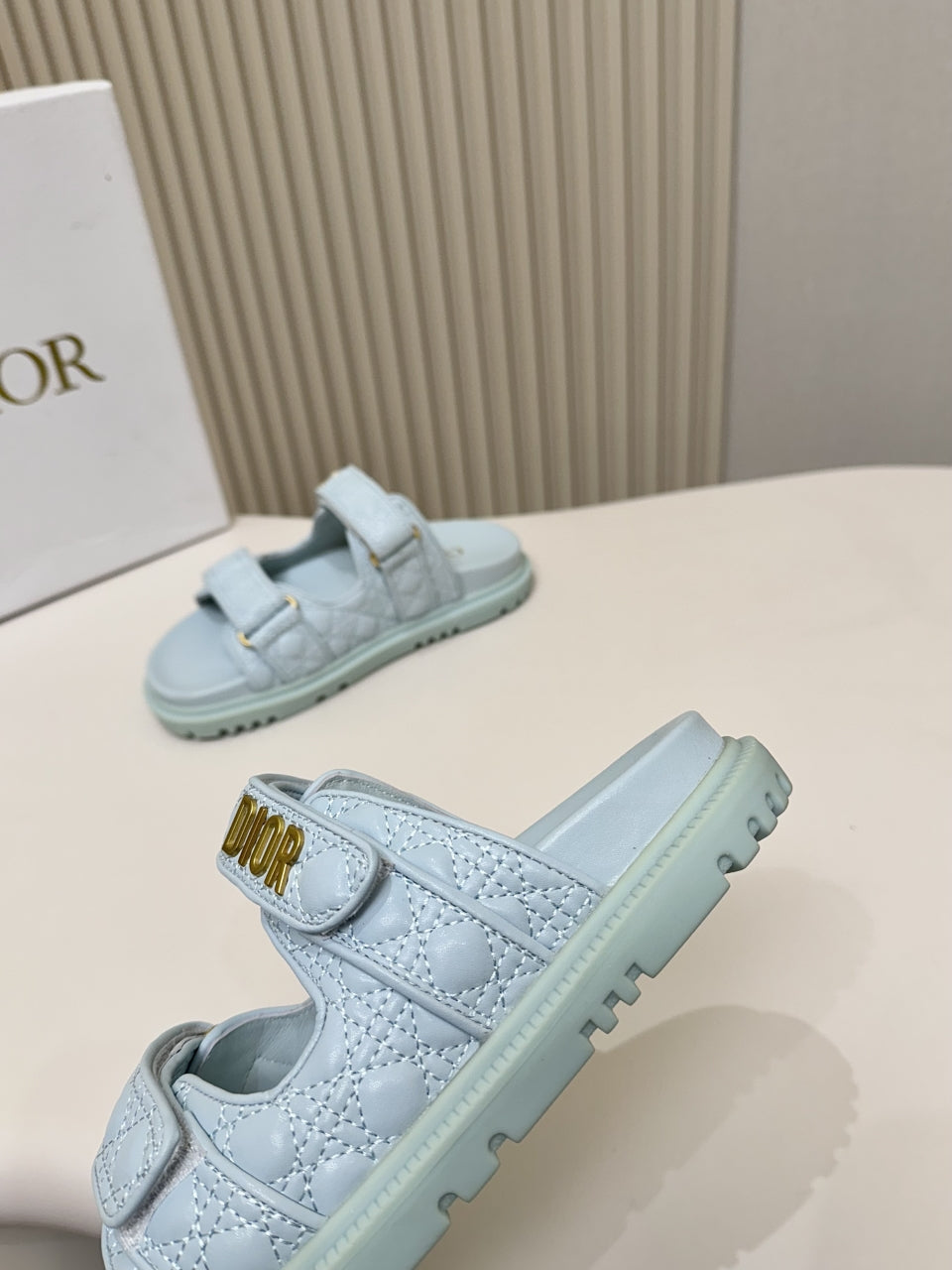 DIOR CLASSIC DOUBLE-STRAP SLIDES 25S IN PASTEL BLUE CALFSKIN