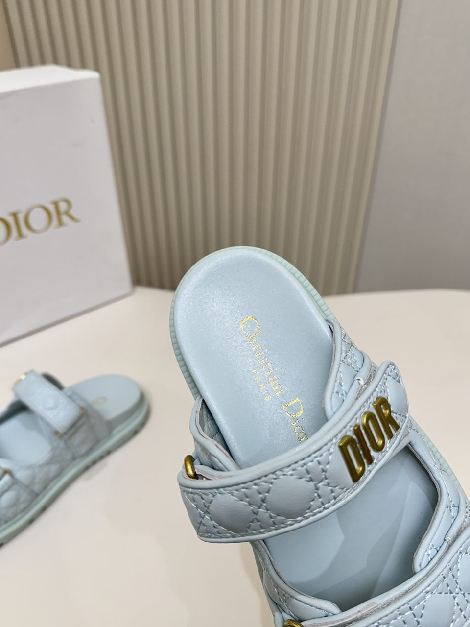 DIOR CLASSIC DOUBLE-STRAP SLIDES 25S IN PASTEL BLUE CALFSKIN