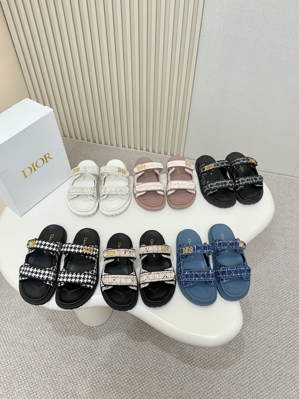 DIOR CLASSIC DOUBLE-STRAP SLIDES 25S IN NAVY BLUE TWEED AND CALFSKIN