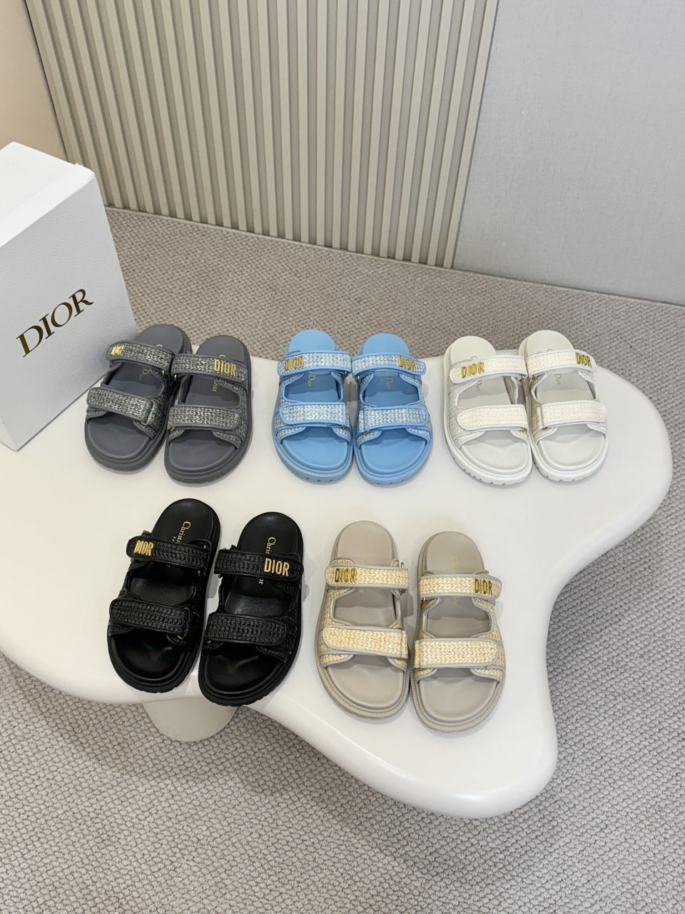 DIOR CLASSIC DOUBLE-STRAP SLIDES 25S IN BEIGE RAFFIA AND GREY CALFSKIN