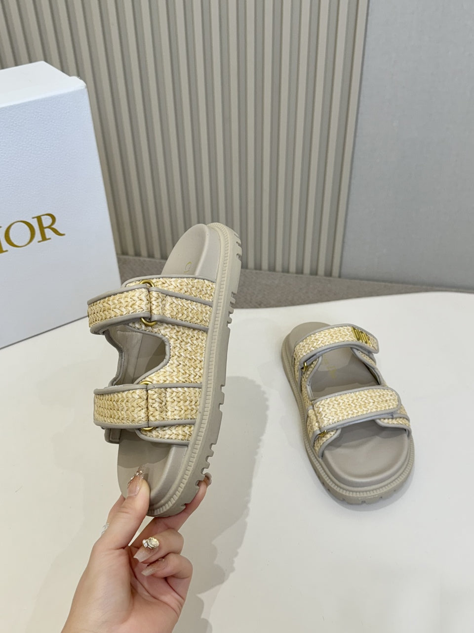 DIOR CLASSIC DOUBLE-STRAP SLIDES 25S IN BEIGE RAFFIA AND GREY CALFSKIN