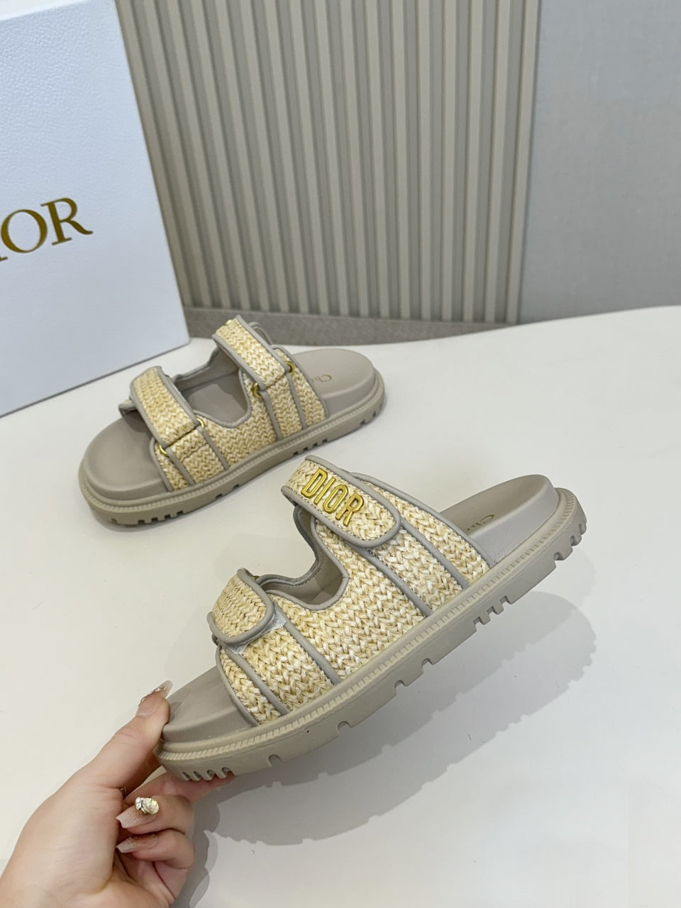 DIOR CLASSIC DOUBLE-STRAP SLIDES 25S IN BEIGE RAFFIA AND GREY CALFSKIN