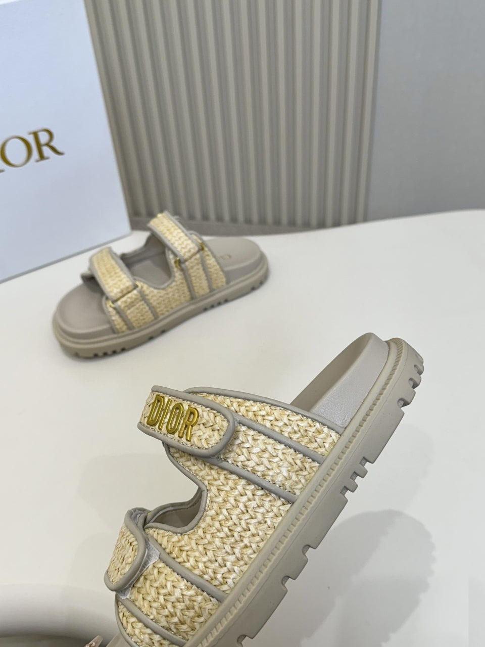 DIOR CLASSIC DOUBLE-STRAP SLIDES 25S IN BEIGE RAFFIA AND GREY CALFSKIN