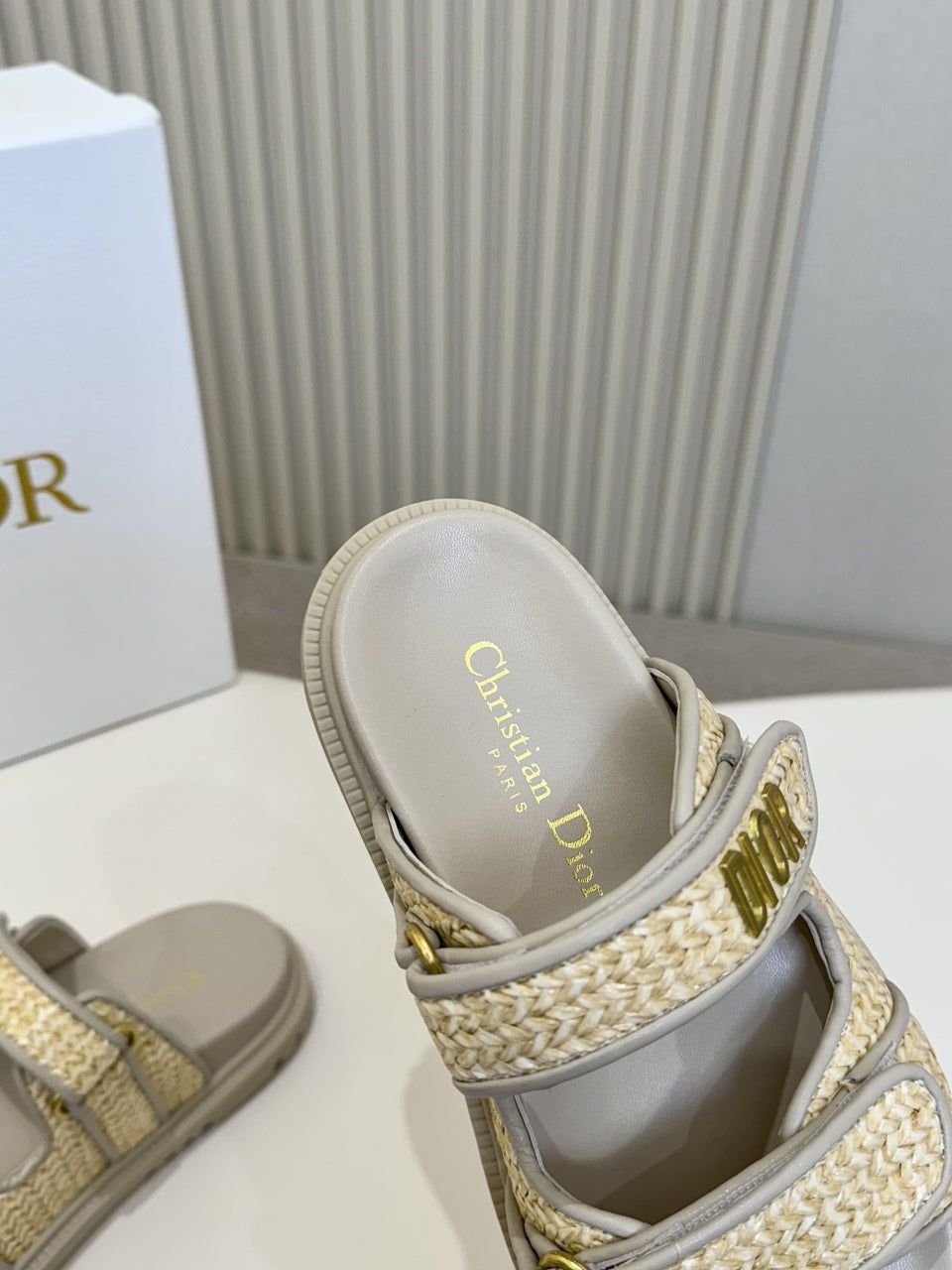 DIOR CLASSIC DOUBLE-STRAP SLIDES 25S IN BEIGE RAFFIA AND GREY CALFSKIN