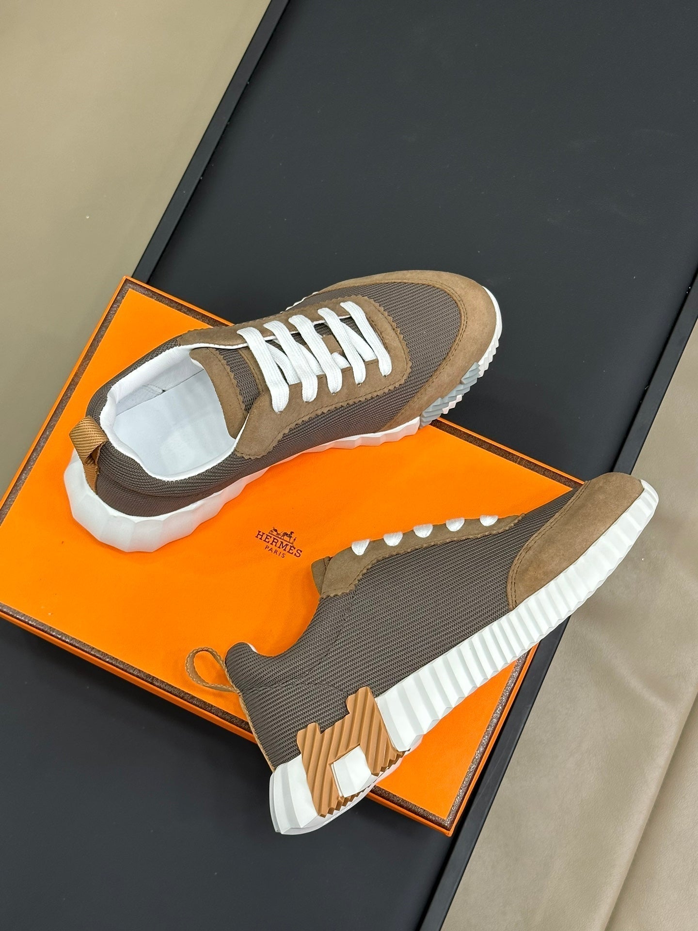 HERMES BOUNCING SNEAKERS BROWN CALFSKIN