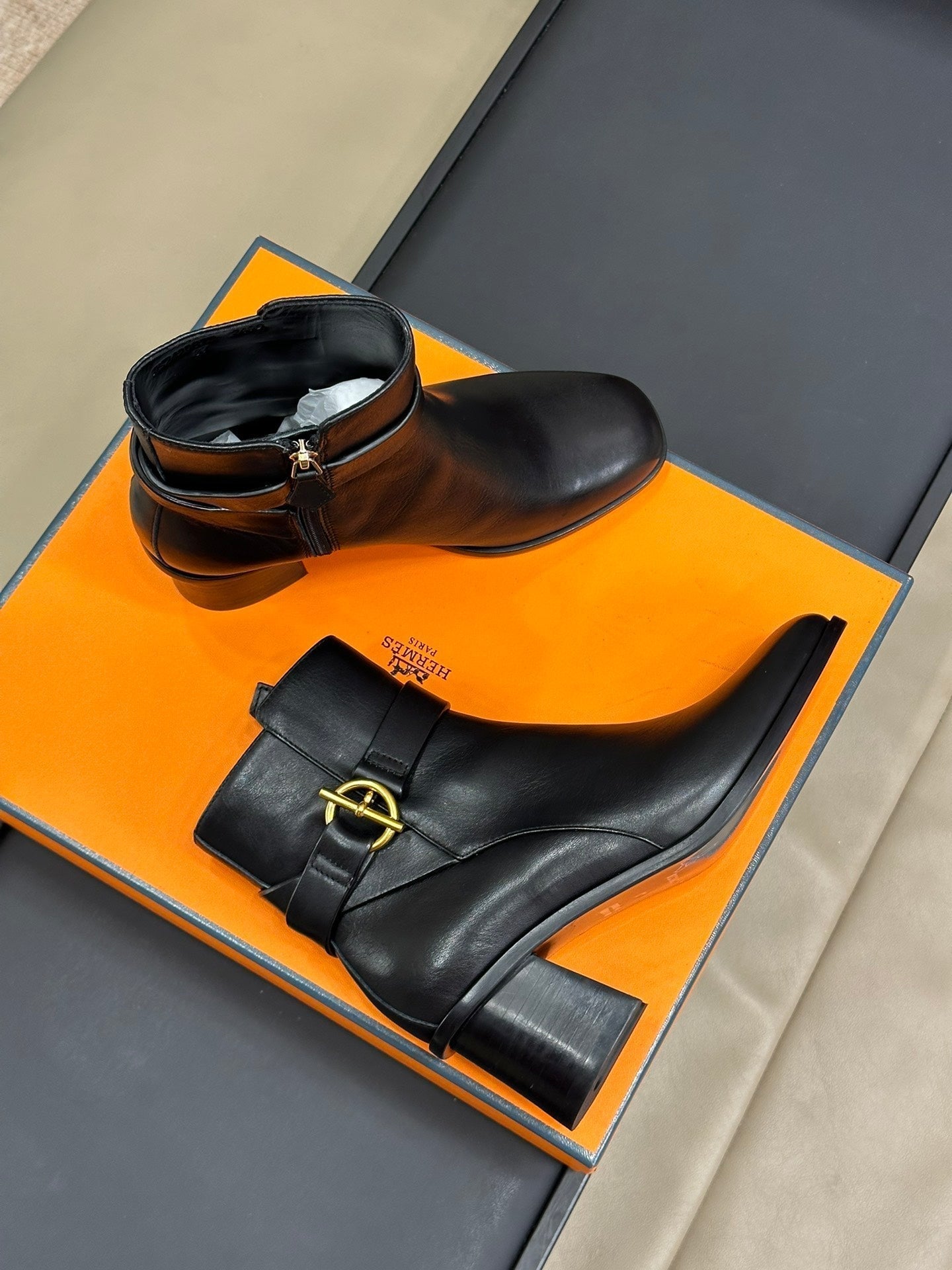 HERMES JILL 60 ANKLE BOOT IN BLACK CALFSKIN