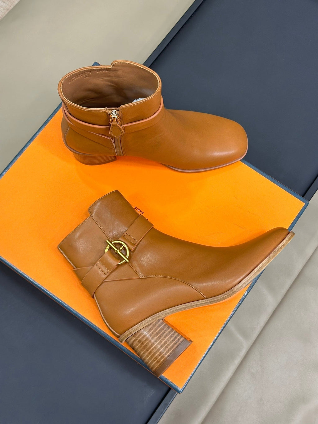 HERMES JILL 60 ANKLE BOOT IN BRONZE BROWN CALFSKIN