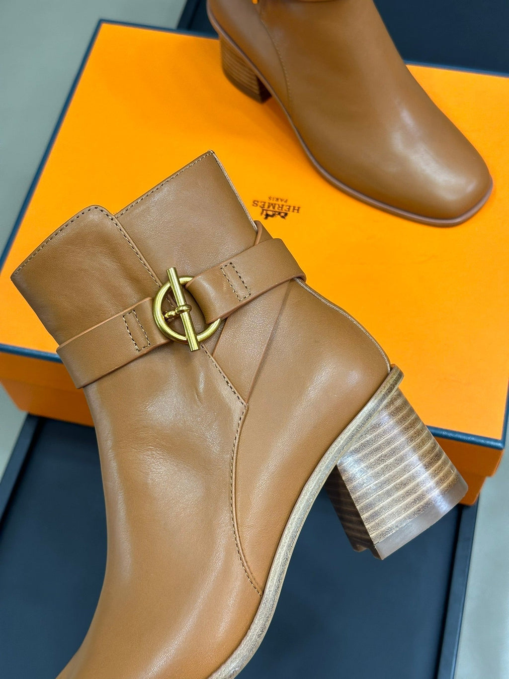 HERMES JILL 60 ANKLE BOOT IN BRONZE BROWN CALFSKIN