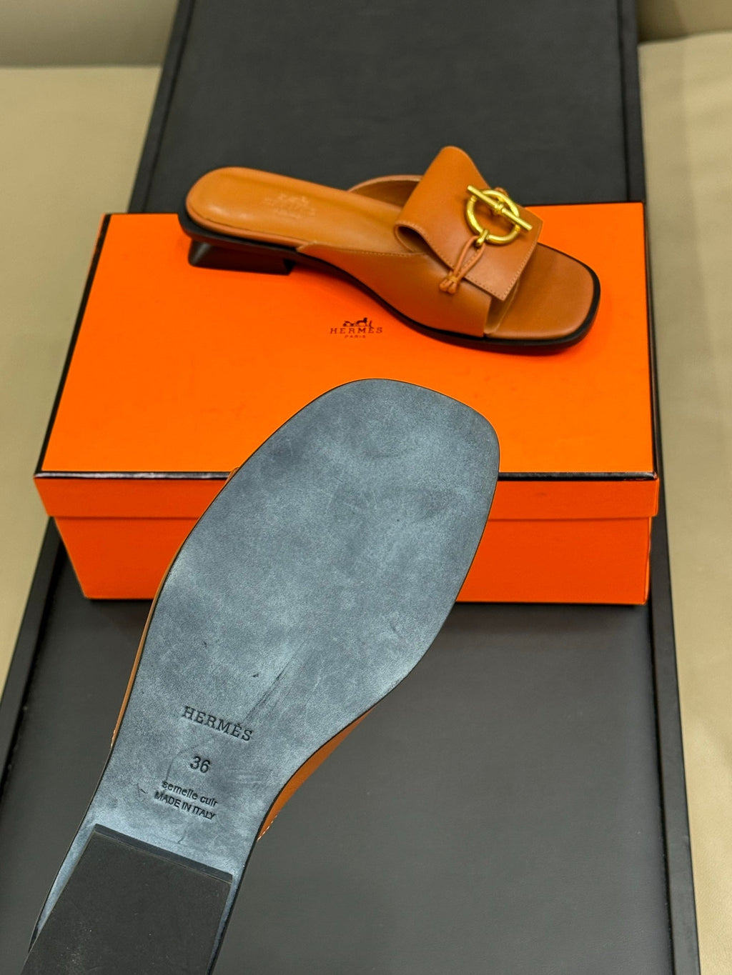 HERMES ISLE SANDAL IN BRONZE BROWN CALFSKIN