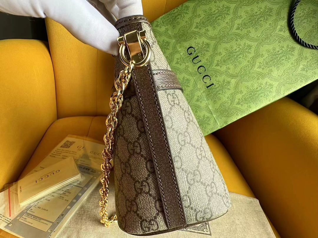 GUCCI OPHIDIA 21  SMALL SHOULDER BAG IN BEIGE CANVAS AND BROWN CALFSKIN