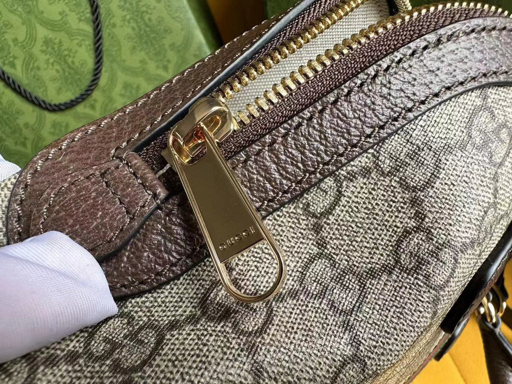 GUCCI OPHIDIA 31 SMALL TOP HANDLE BAG IN BEIGE CANVAS AND BROWN CALFSKIN