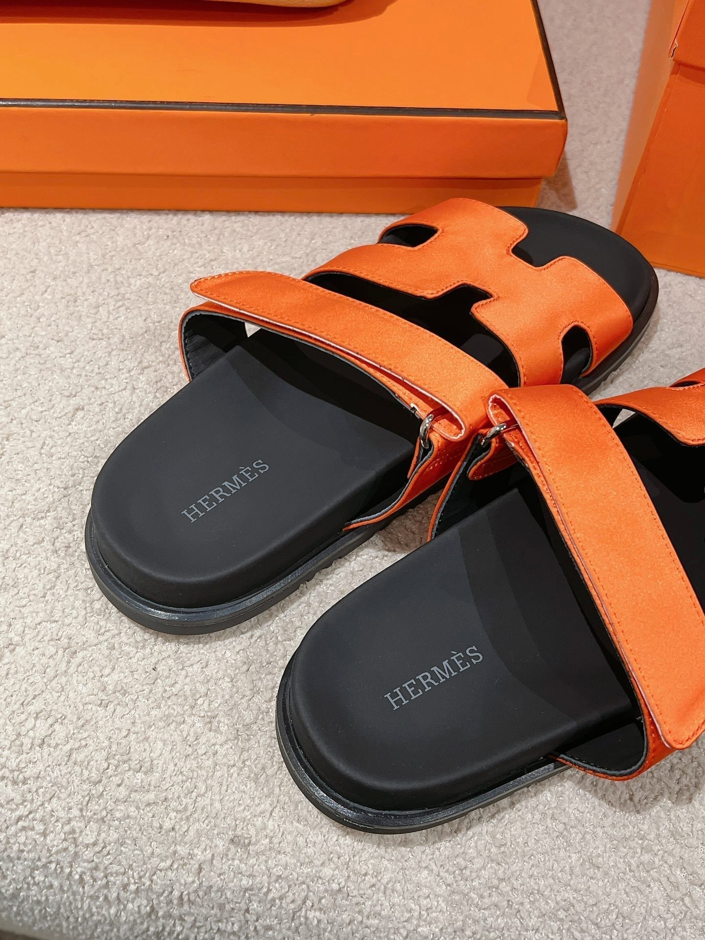HERMES CHYPRE SANDAL BLACK MIX DARK ORANGE CALFSKIN