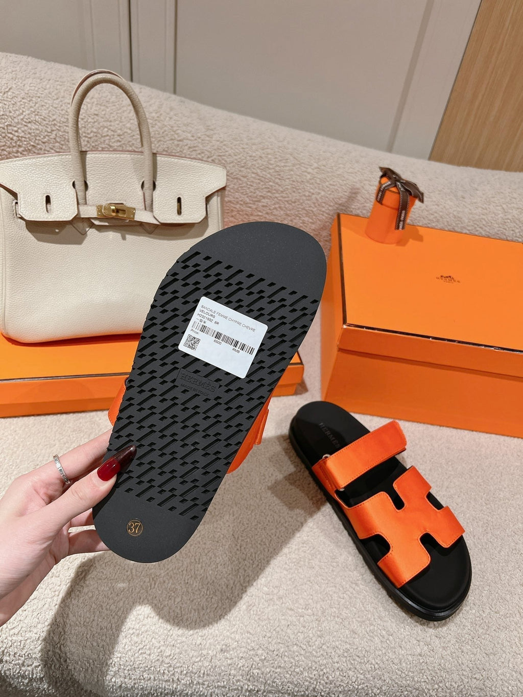HERMES CHYPRE SANDAL BLACK MIX DARK ORANGE CALFSKIN