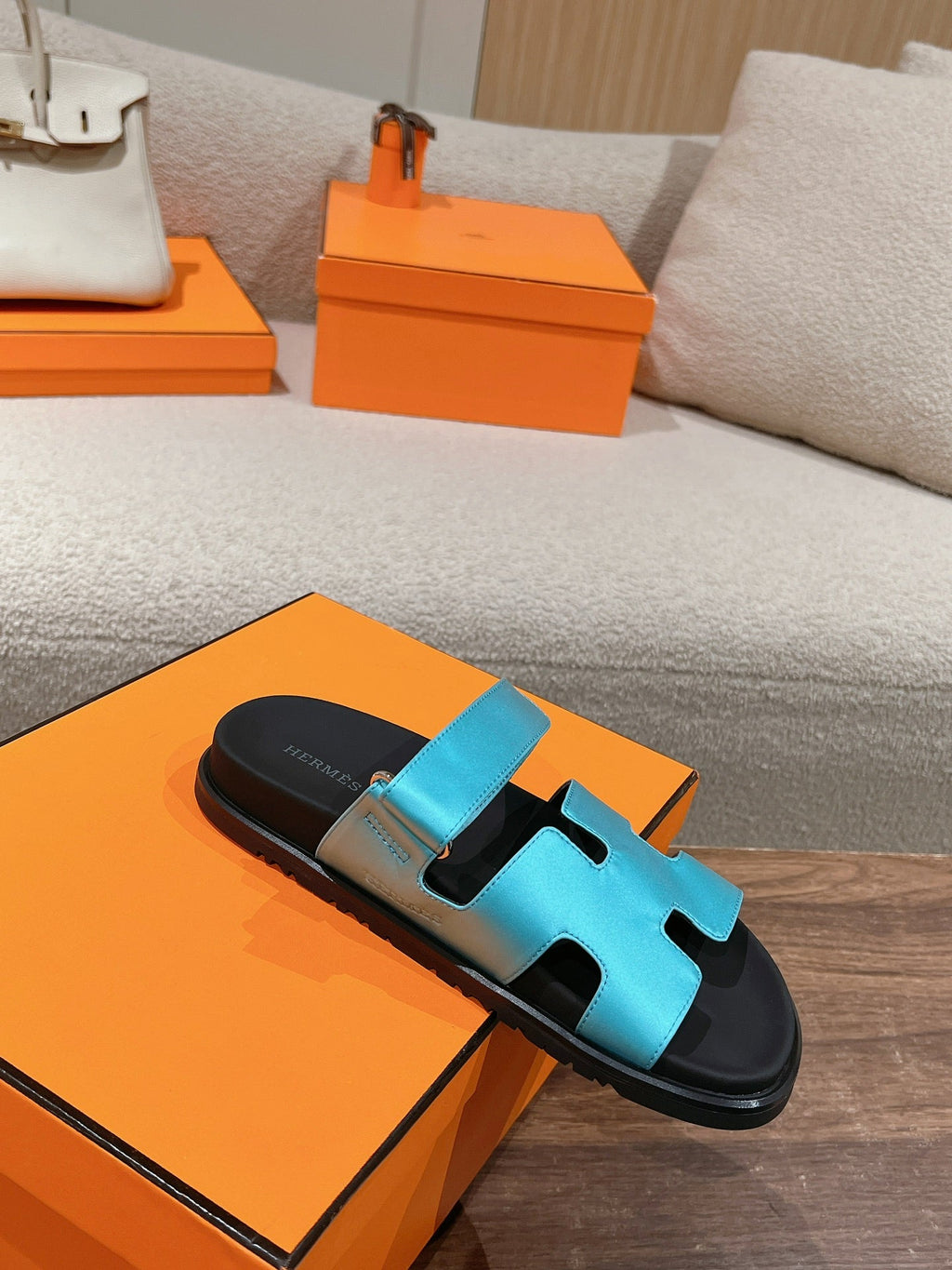 HERMES CHYPRE SANDAL BLACK MIX SKY CALFSKIN