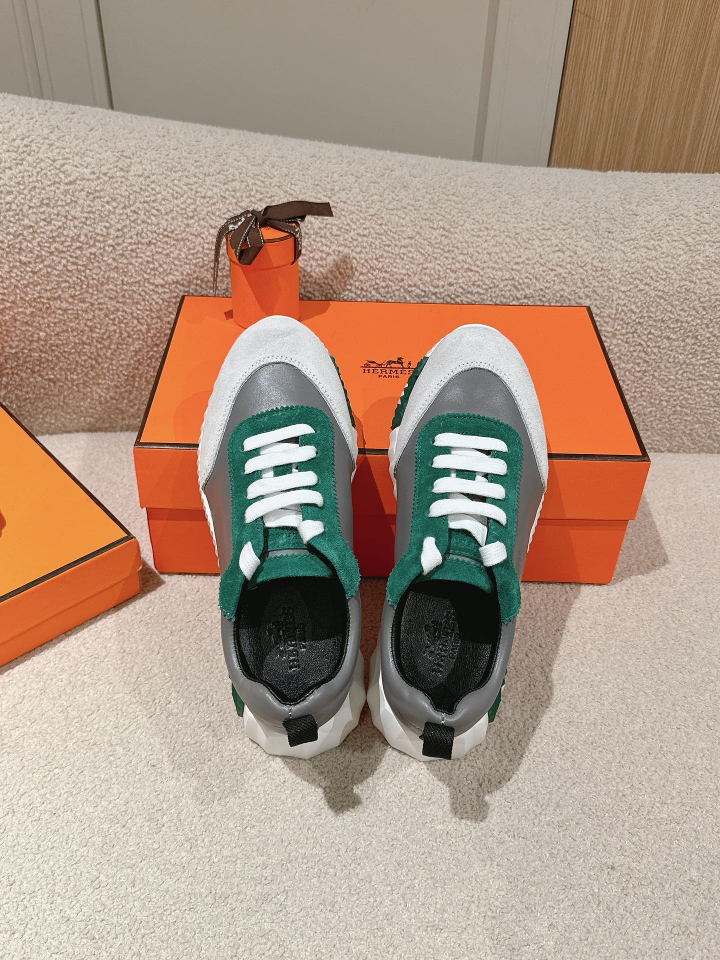 HERMES MAINLAND SNEAKER IN PALE GRAY SUEDE AND MOUSE GRAY CALFSKIN