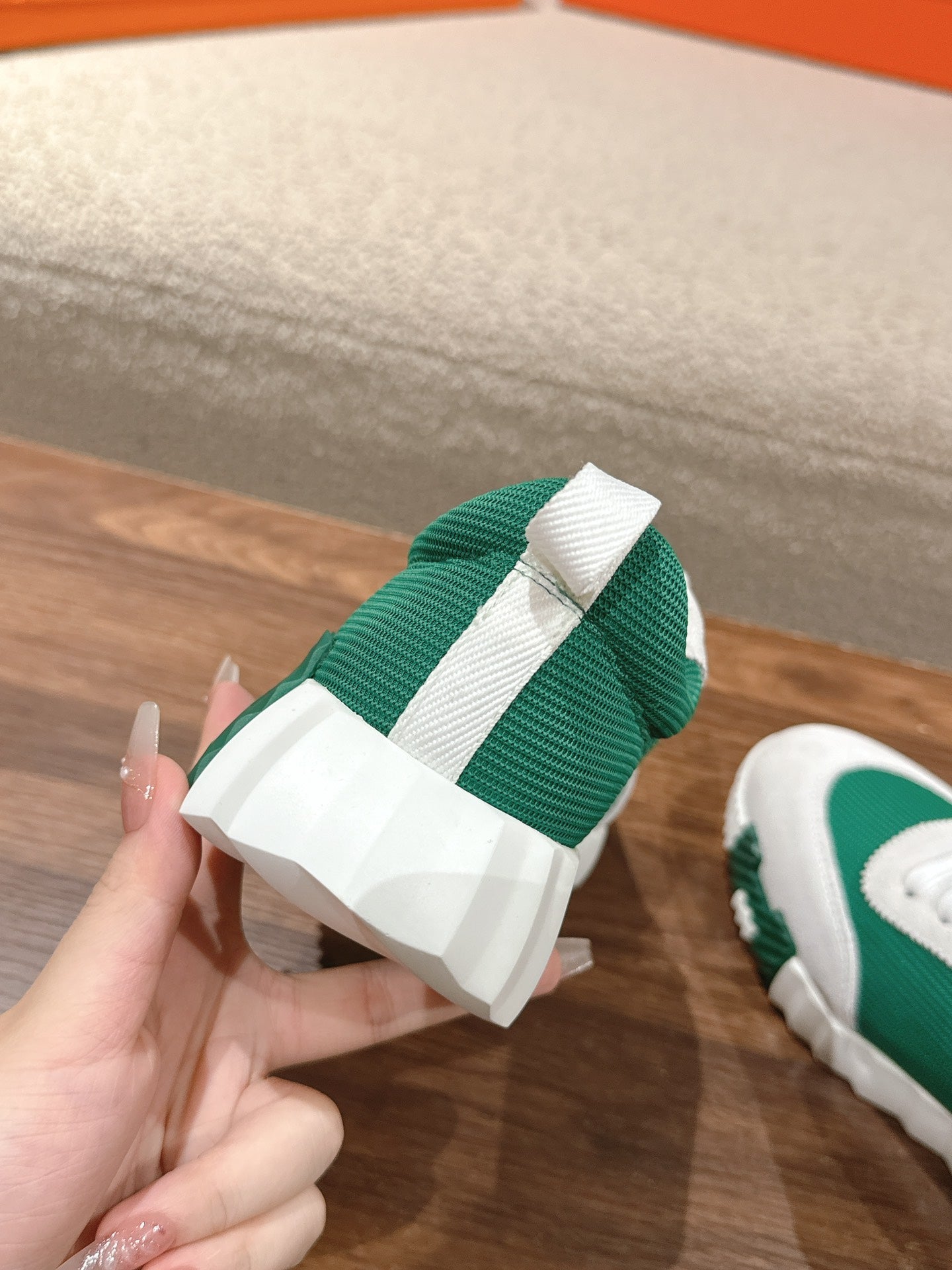 HERMES MAINLAND SNEAKER IN PALE GRAY SUEDE AND FOREST GREEN BREATHABLE MESH FABRIC