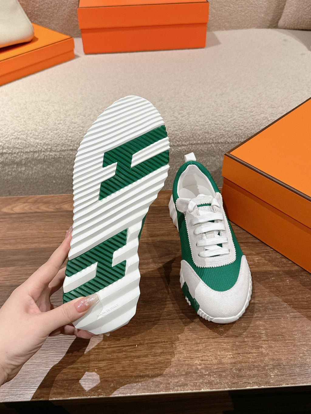 HERMES MAINLAND SNEAKER IN PALE GRAY SUEDE AND FOREST GREEN BREATHABLE MESH FABRIC