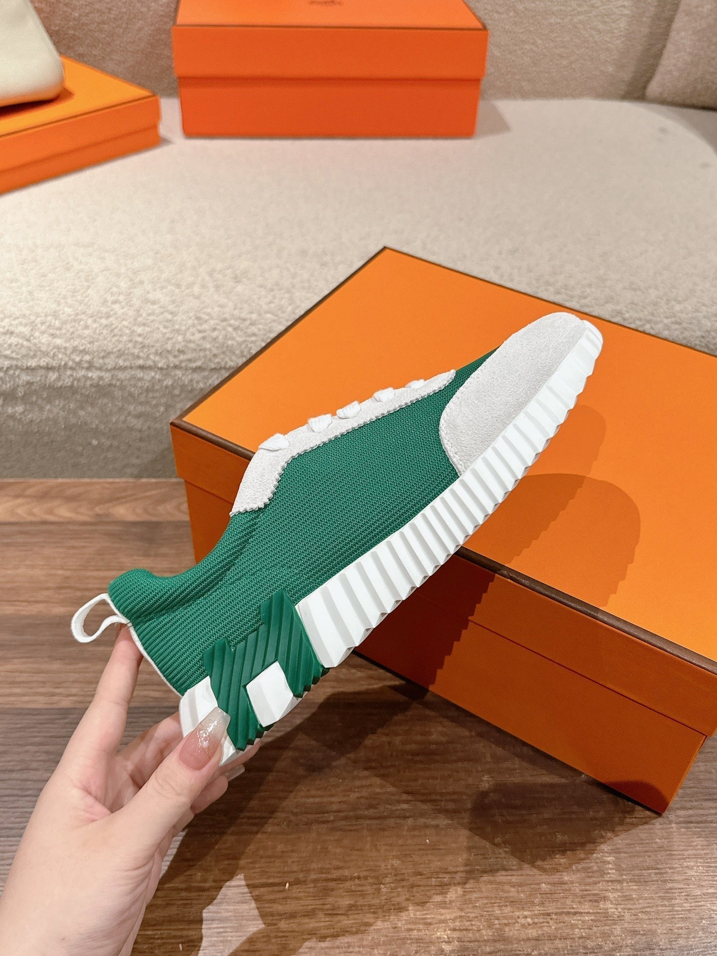 HERMES MAINLAND SNEAKER IN PALE GRAY SUEDE AND FOREST GREEN BREATHABLE MESH FABRIC