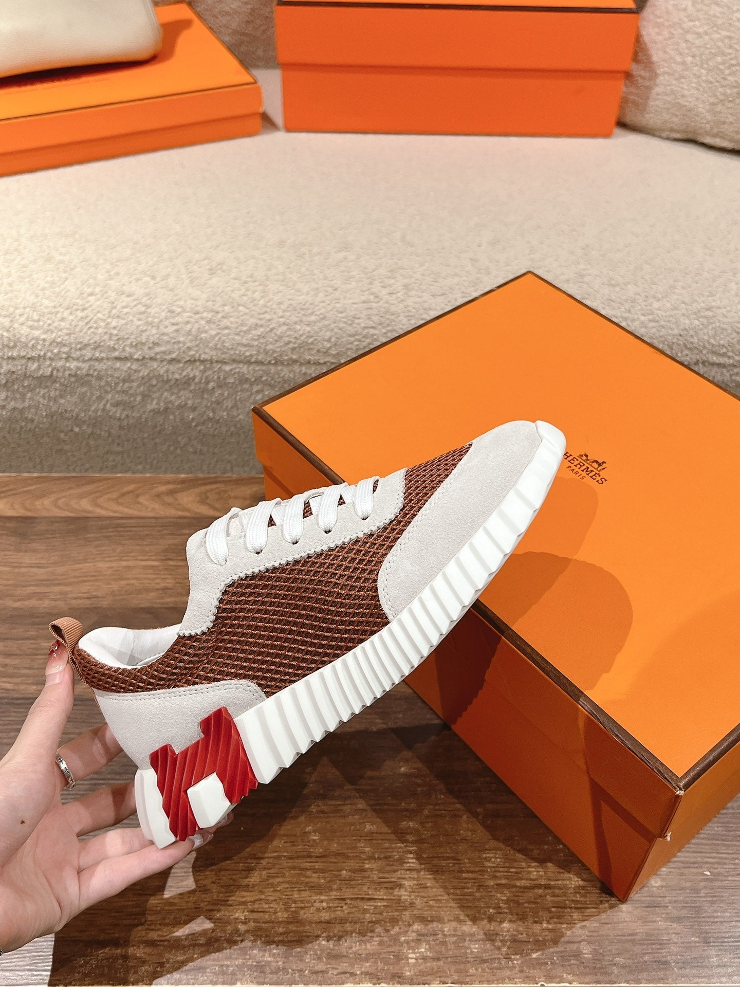 HERMES MAINLAND SNEAKER IN PALE GRAY SUEDE AND CARAMEL BROWN BREATHABLE MESH FABRIC