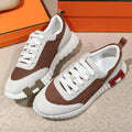 HERMES MAINLAND SNEAKER IN PALE GRAY SUEDE AND CARAMEL BROWN BREATHABLE MESH FABRIC