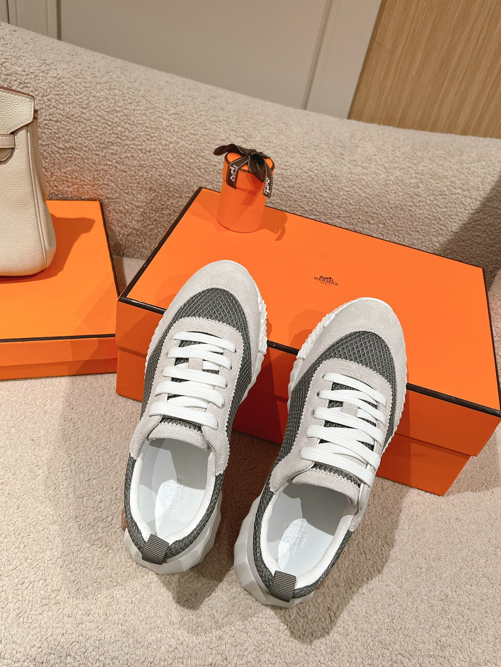 HERMES MAINLAND SNEAKER IN PALE GRAY SUEDE AND SMOKE GRAY BREATHABLE MESH FABRIC