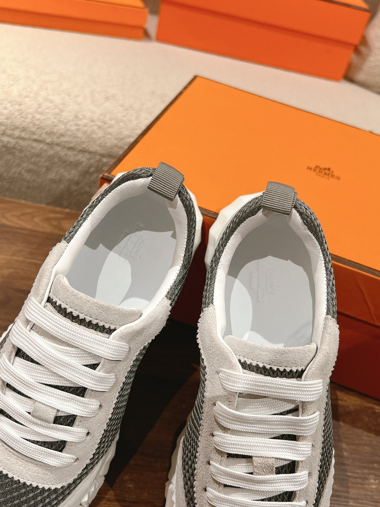 HERMES MAINLAND SNEAKER IN PALE GRAY SUEDE AND SMOKE GRAY BREATHABLE MESH FABRIC