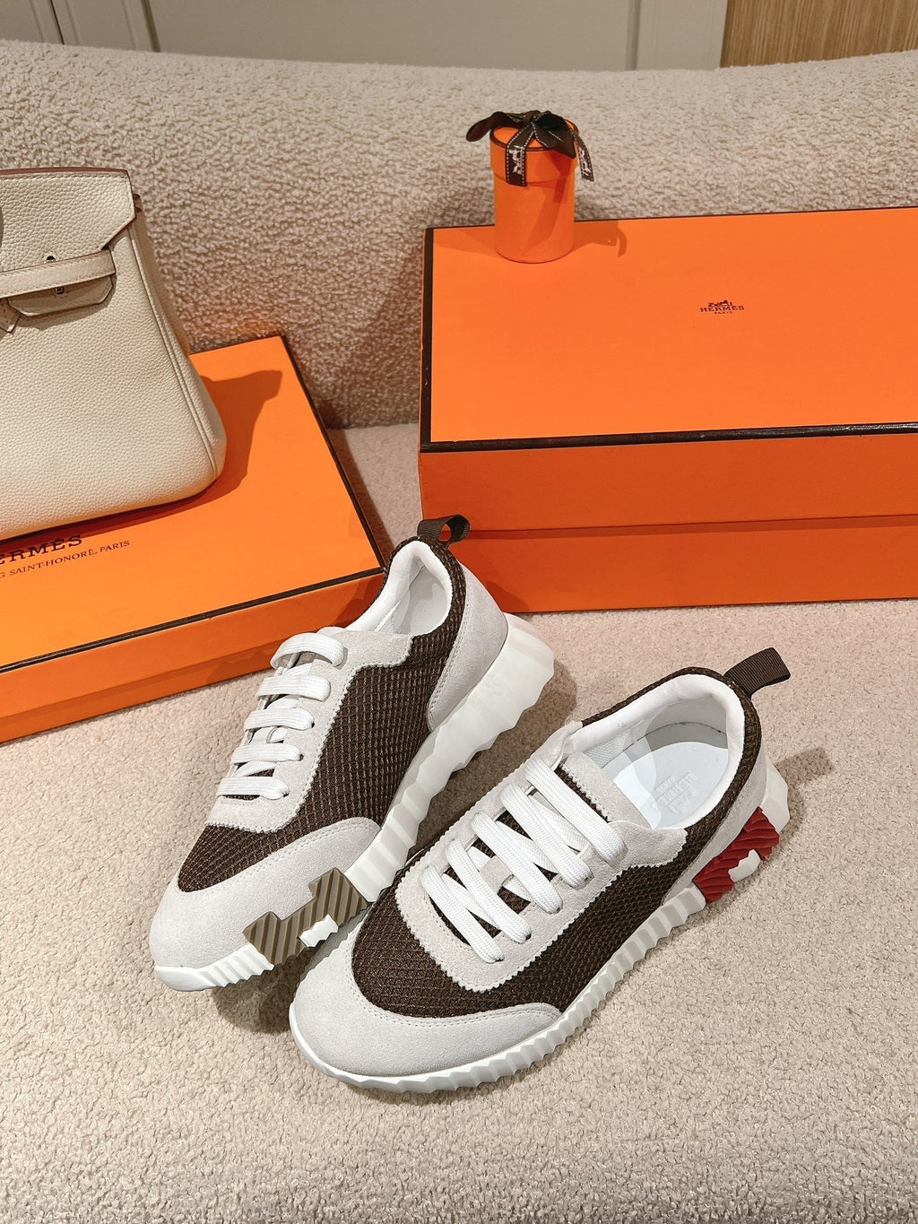 HERMES MAINLAND SNEAKER IN PALE GRAY SUEDE AND MOCHA BROWN BREATHABLE MESH FABRIC