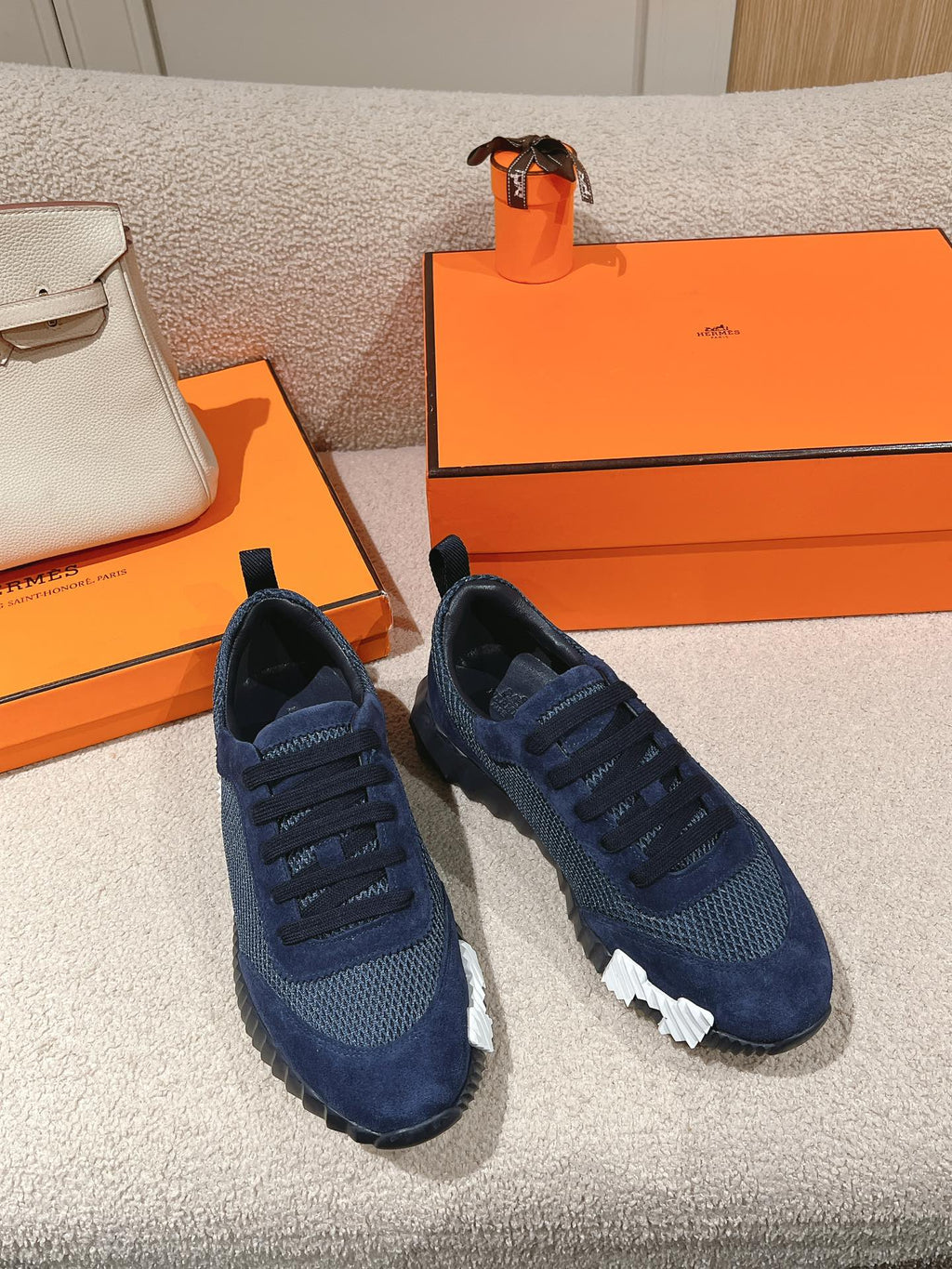 HERMES MAINLAND SNEAKER IN CLASSIC BLUE SUEDE AND BREATHABLE MESH FABRIC