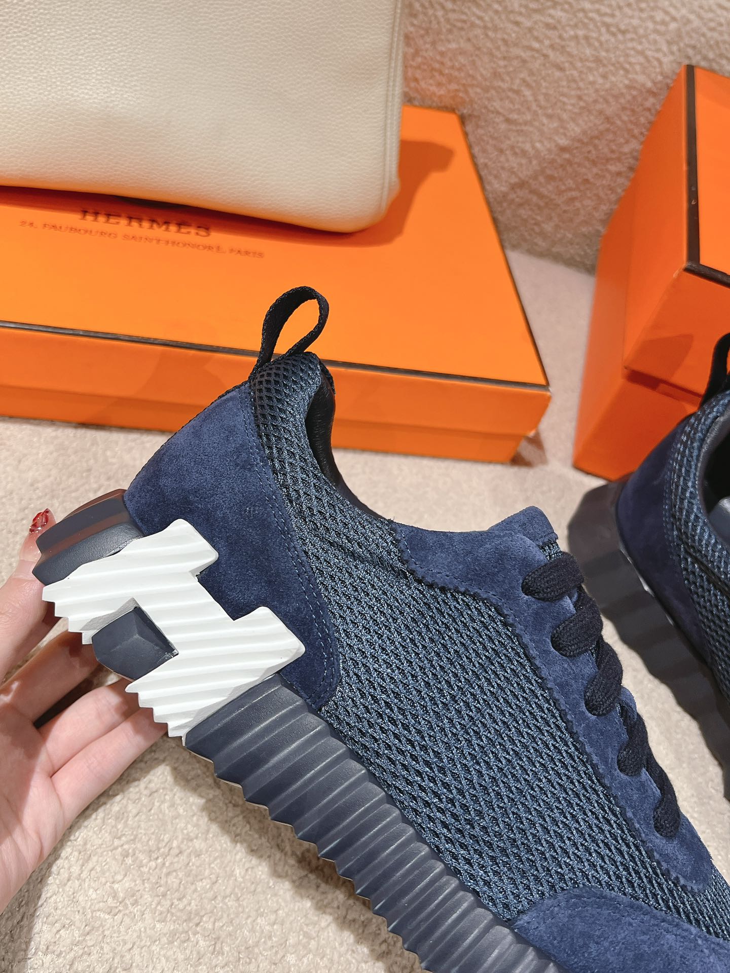 HERMES MAINLAND SNEAKER IN CLASSIC BLUE SUEDE AND BREATHABLE MESH FABRIC