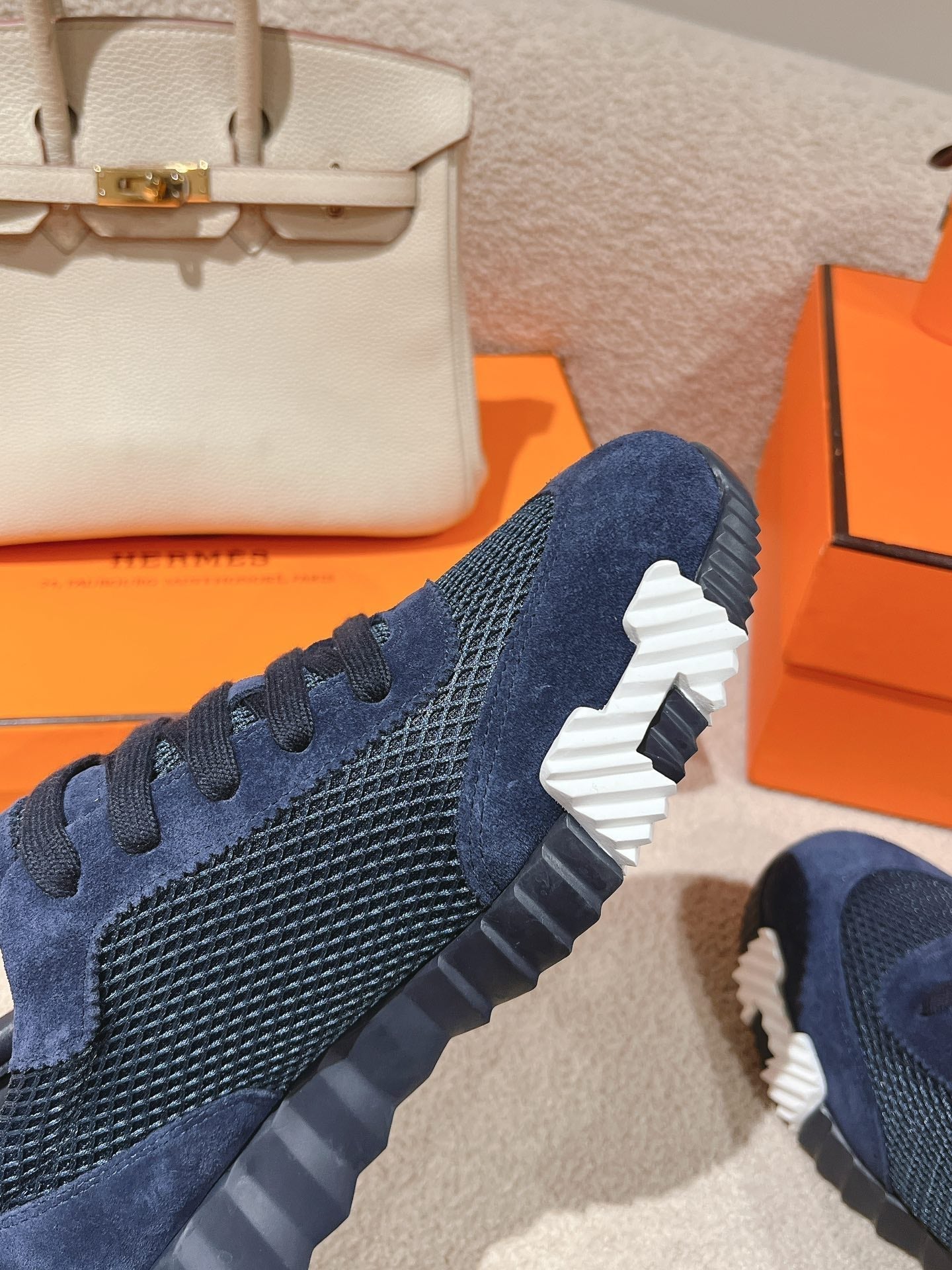 HERMES MAINLAND SNEAKER IN CLASSIC BLUE SUEDE AND BREATHABLE MESH FABRIC