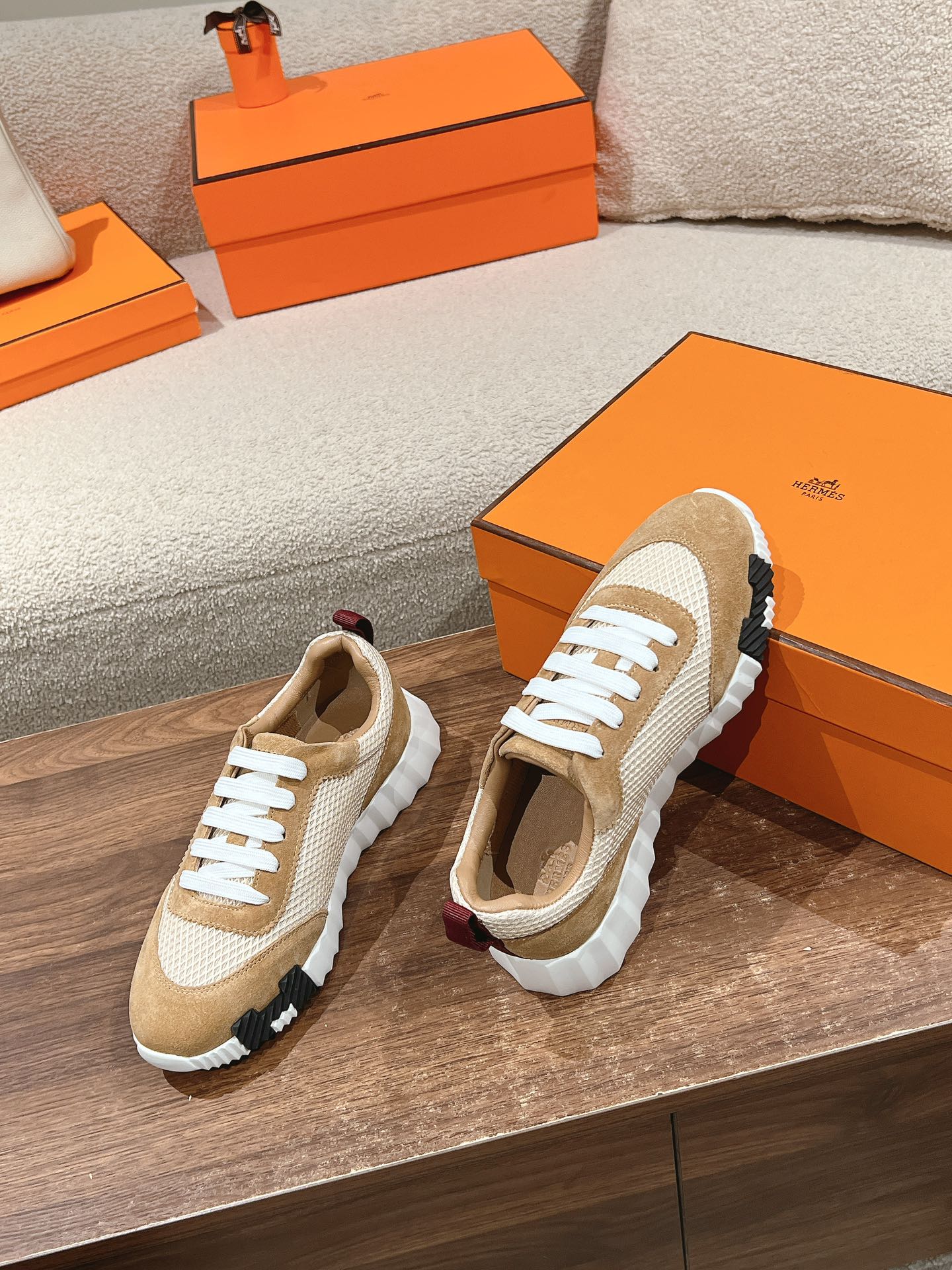 HERMES MAINLAND SNEAKER IN PEANUT BROWN SUEDE AND WHITE BREATHABLE MESH FABRIC