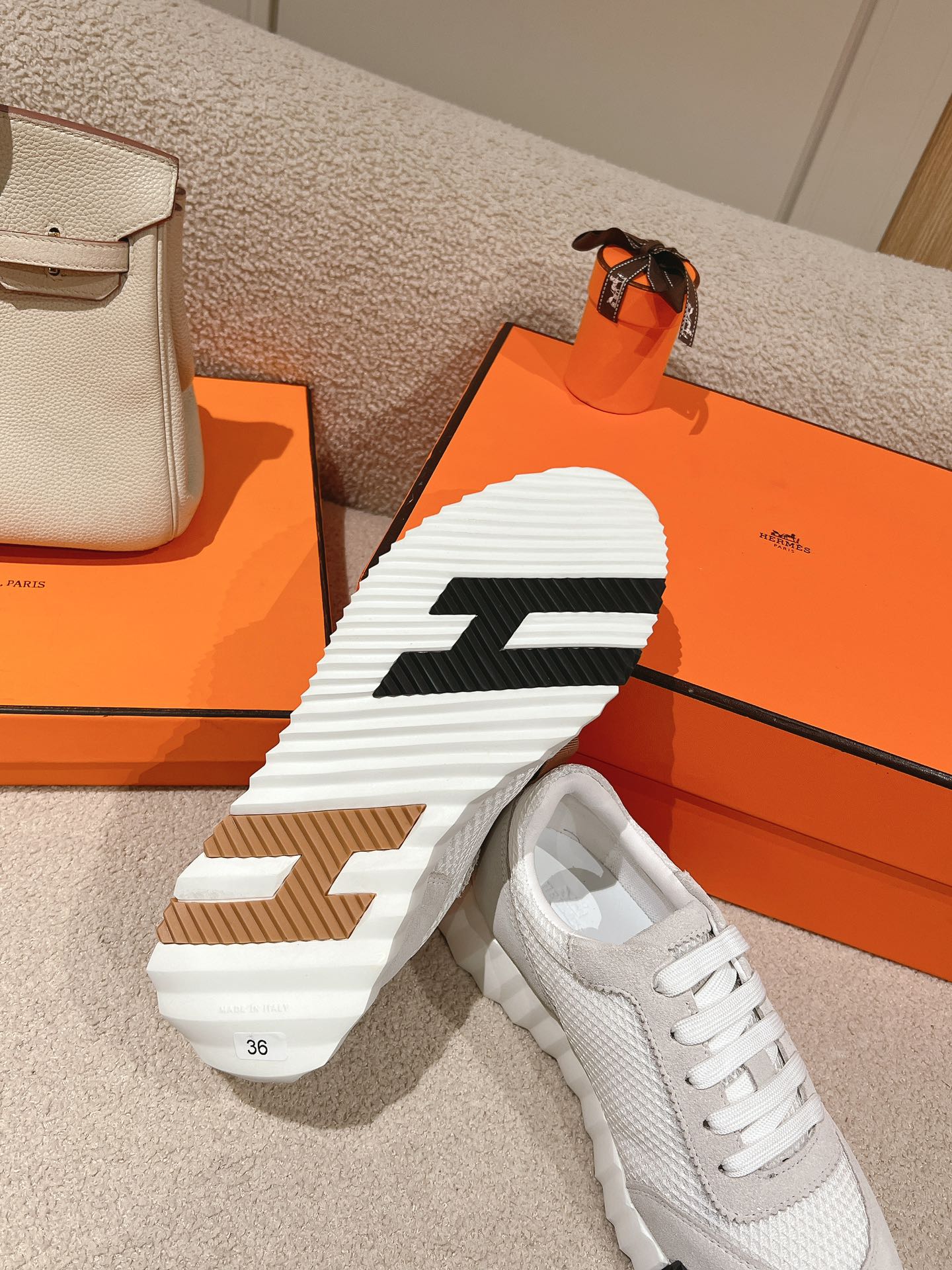 HERMES MAINLAND SNEAKER IN PALE GRAY SUEDE AND WHITE BREATHABLE MESH FABRIC