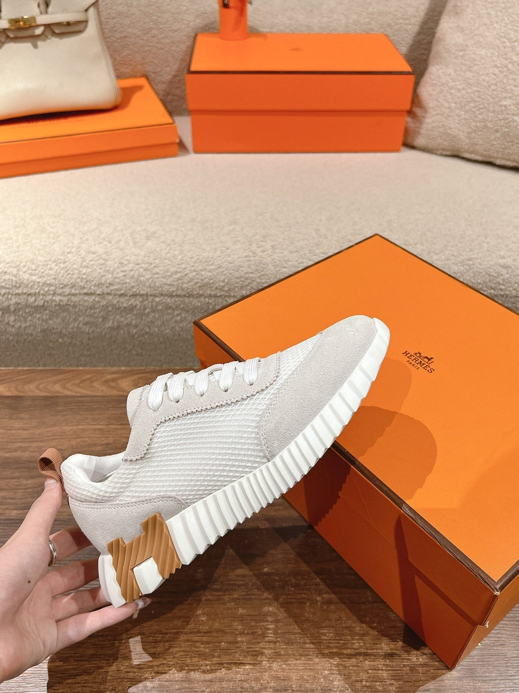 HERMES MAINLAND SNEAKER IN PALE GRAY SUEDE AND WHITE BREATHABLE MESH FABRIC
