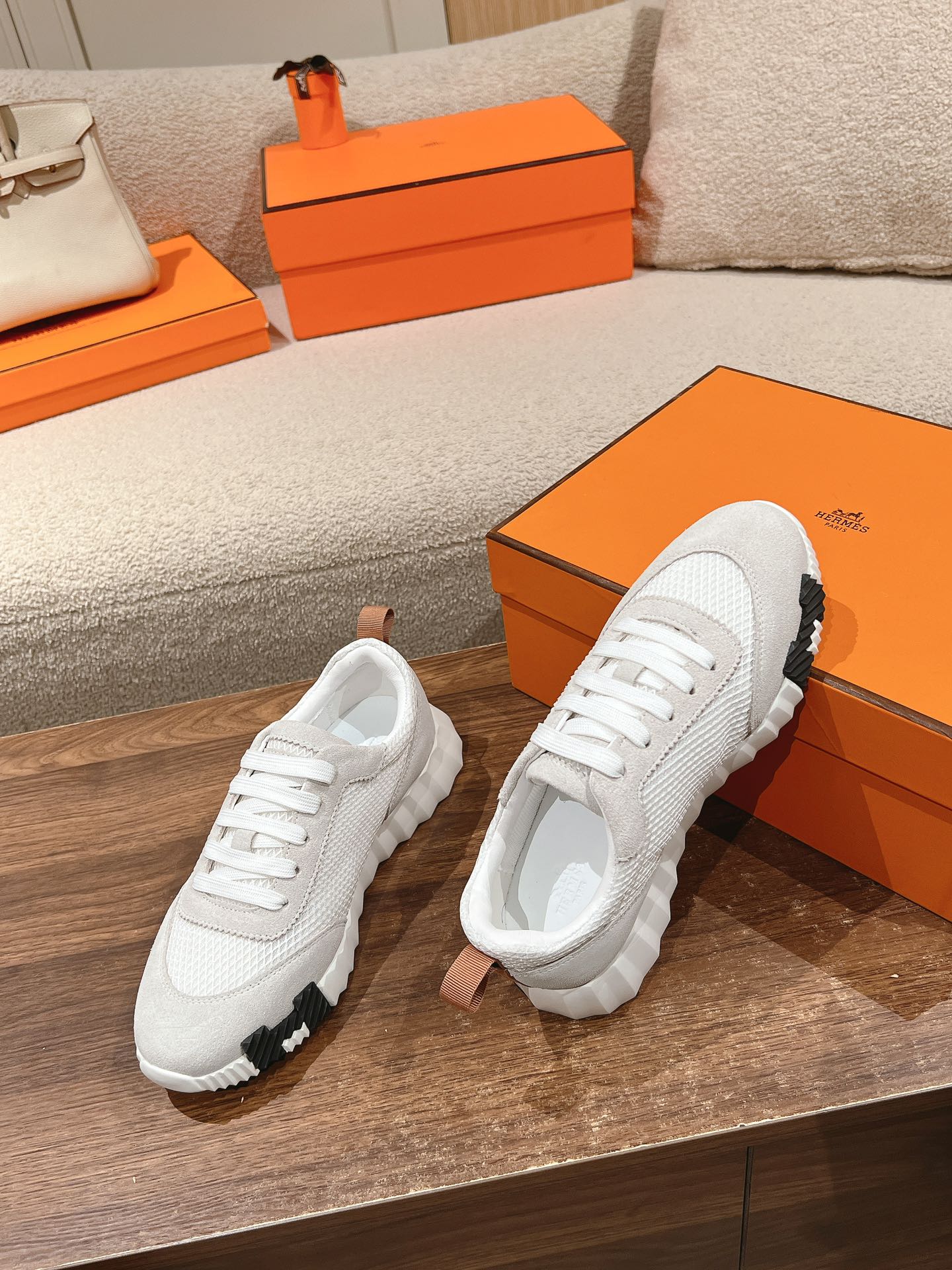 HERMES MAINLAND SNEAKER IN PALE GRAY SUEDE AND WHITE BREATHABLE MESH FABRIC