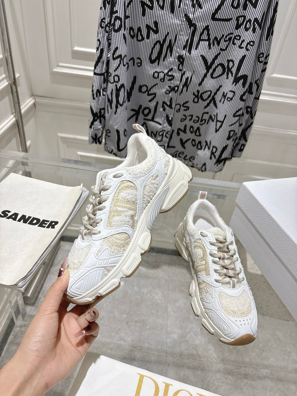 DIOR 25S MILE SERIES SNEAKERS 45MM IN WHITE CALFSKIN AND SHEARLING