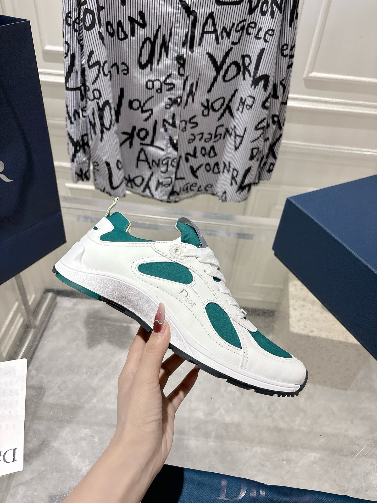 DIOR 25S MILE SERIES SNEAKERS 25MM IN WHITE DARK TEAL CALFSKIN