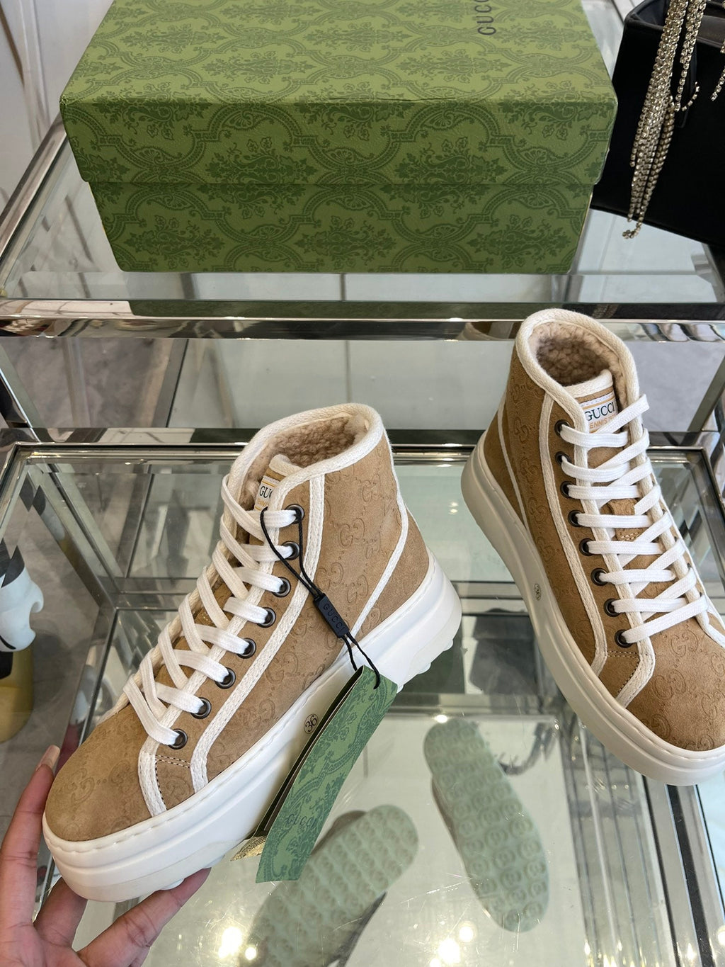 GUCCI HIGH TOP SNEAKER IN CAMEL BROWN CANVAS WITH BEIGE FLEECE LINING