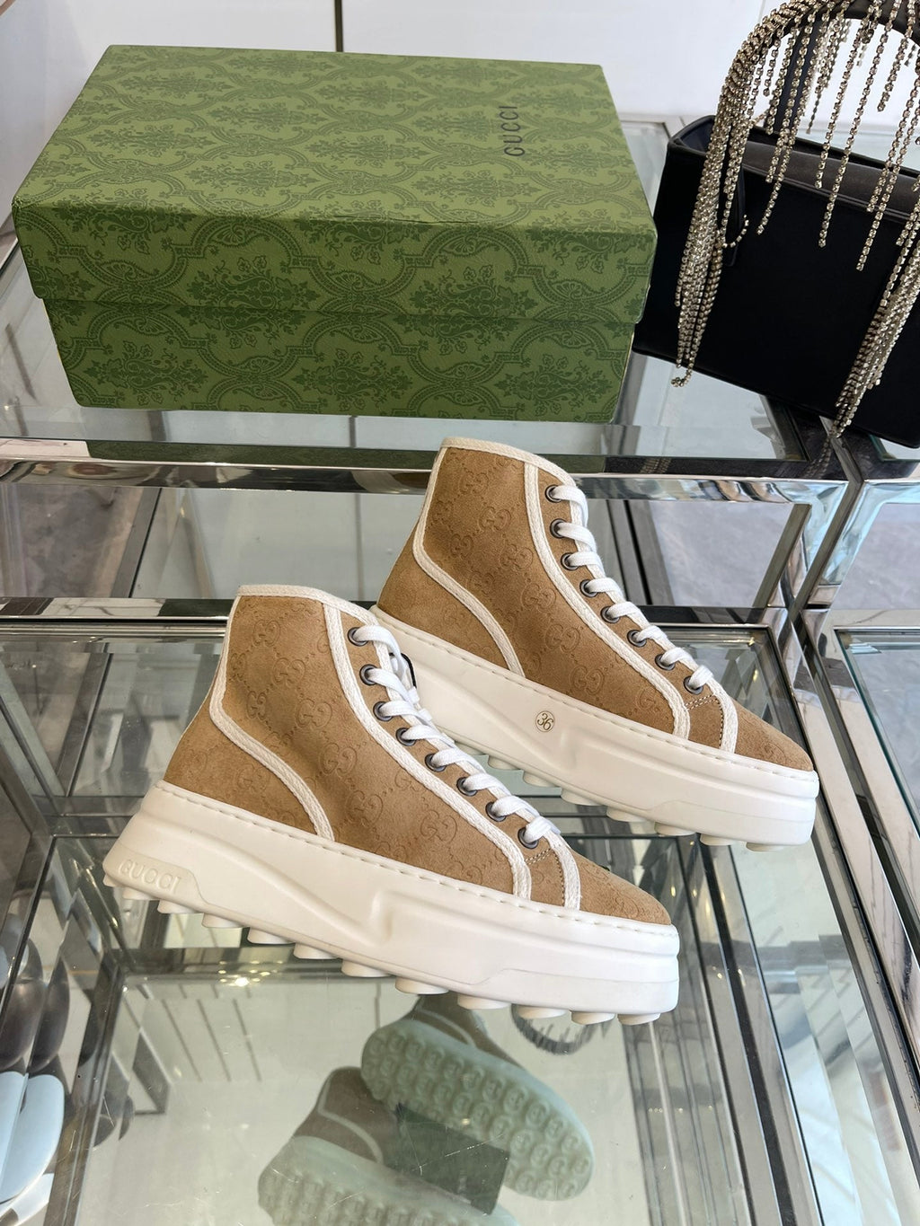 GUCCI HIGH TOP SNEAKER IN CAMEL BROWN CANVAS WITH BEIGE FLEECE LINING