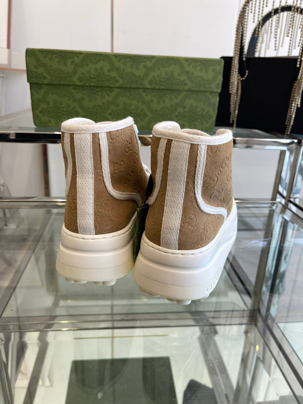 GUCCI HIGH TOP SNEAKER IN CAMEL BROWN CANVAS WITH BEIGE FLEECE LINING