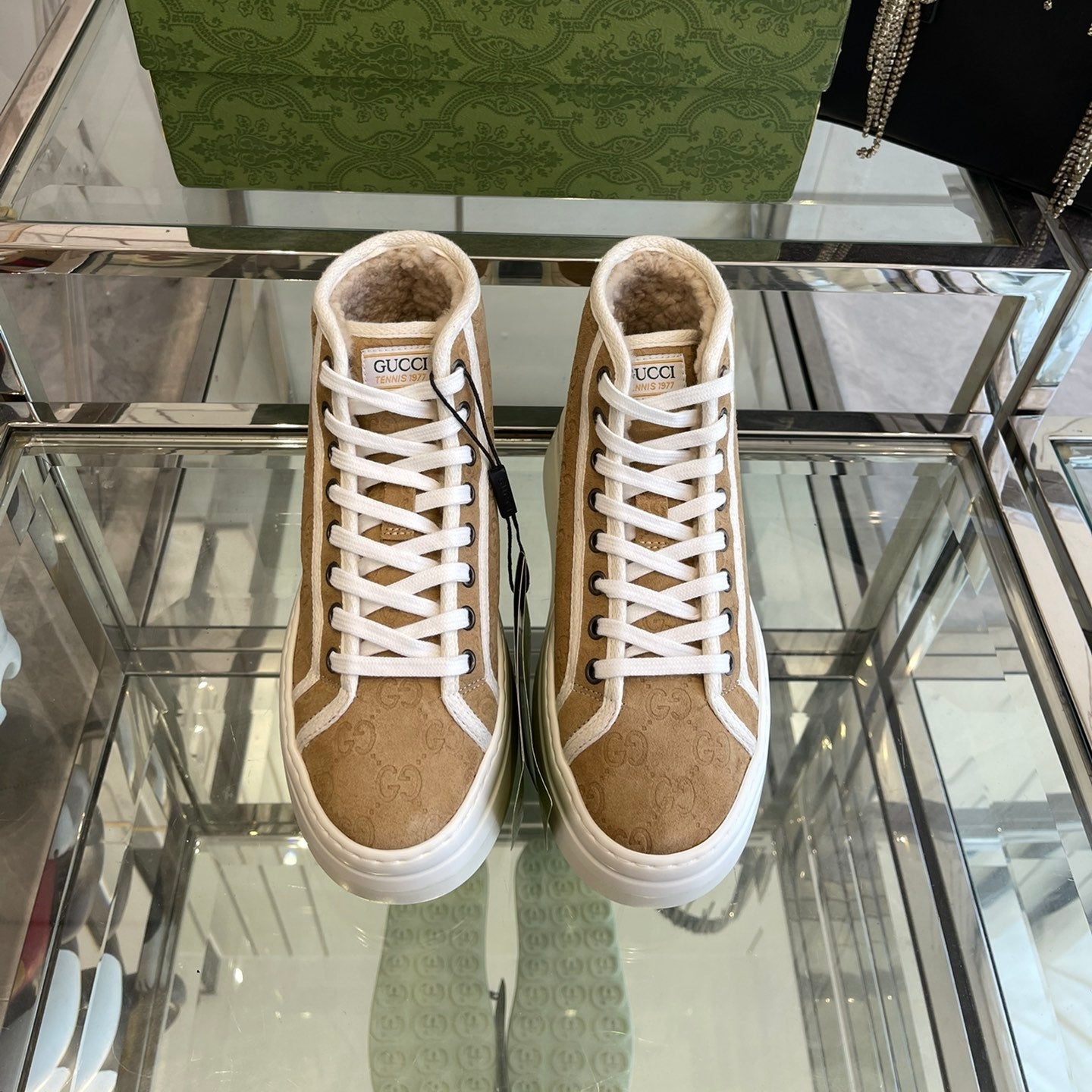 GUCCI HIGH TOP SNEAKER IN CAMEL BROWN CANVAS WITH BEIGE FLEECE LINING