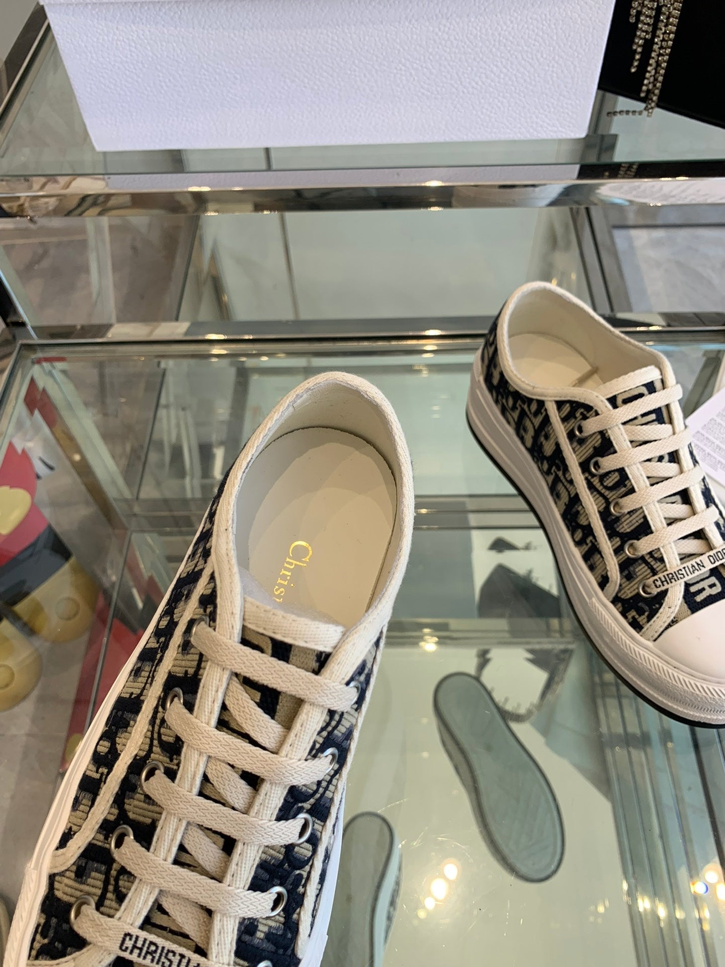 DIOR WALK'N PLATFORM SNEAKER IN BLACK MIX CAMEL BROWN EMBROIDERY ICONIC PATTERNS FABRIC