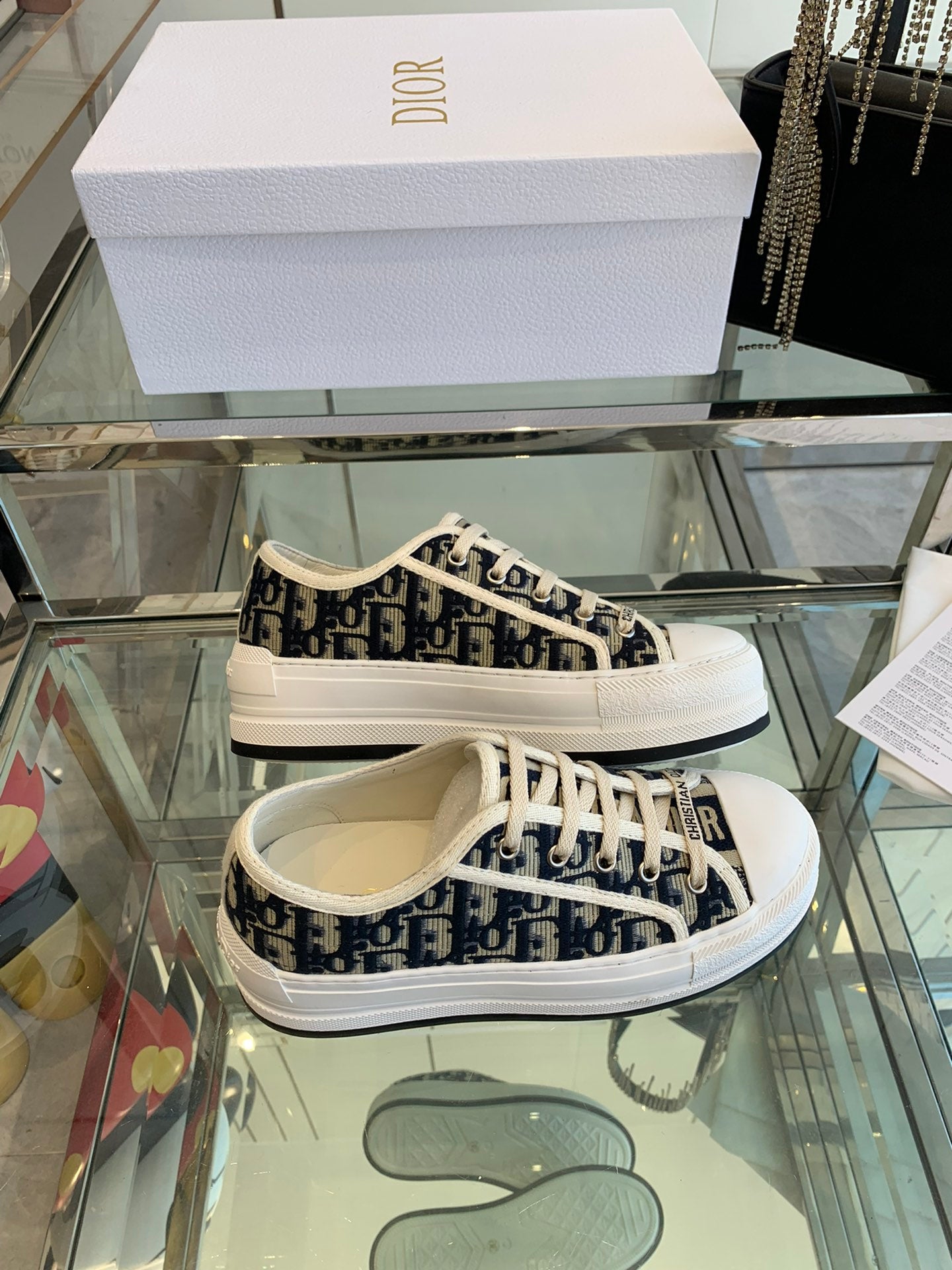 DIOR WALK'N PLATFORM SNEAKER IN BLACK MIX CAMEL BROWN EMBROIDERY ICONIC PATTERNS FABRIC