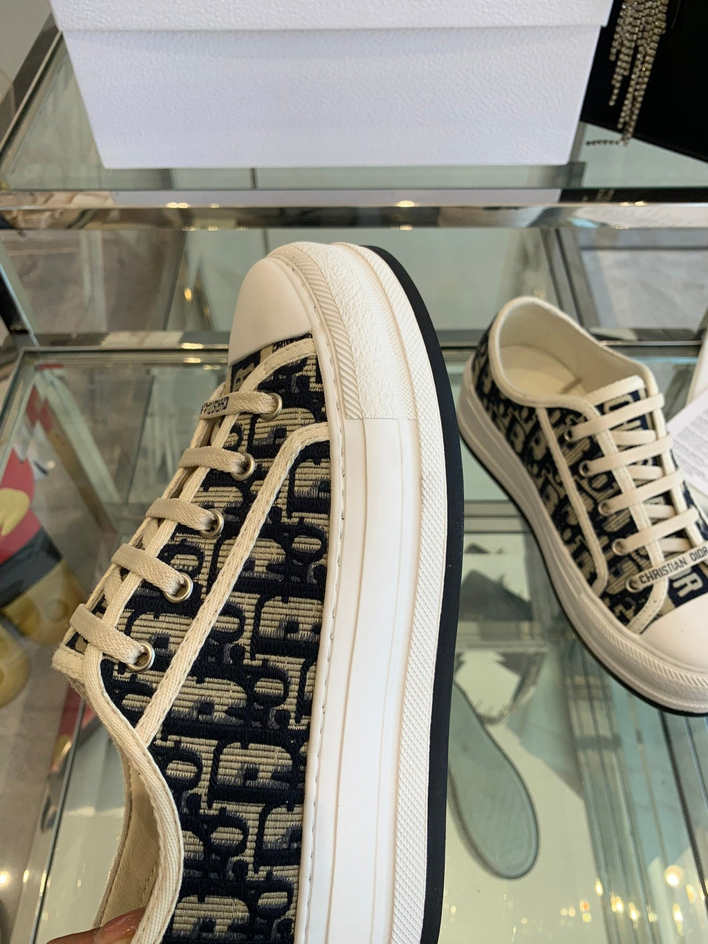 DIOR WALK'N PLATFORM SNEAKER IN BLACK MIX CAMEL BROWN EMBROIDERY ICONIC PATTERNS FABRIC