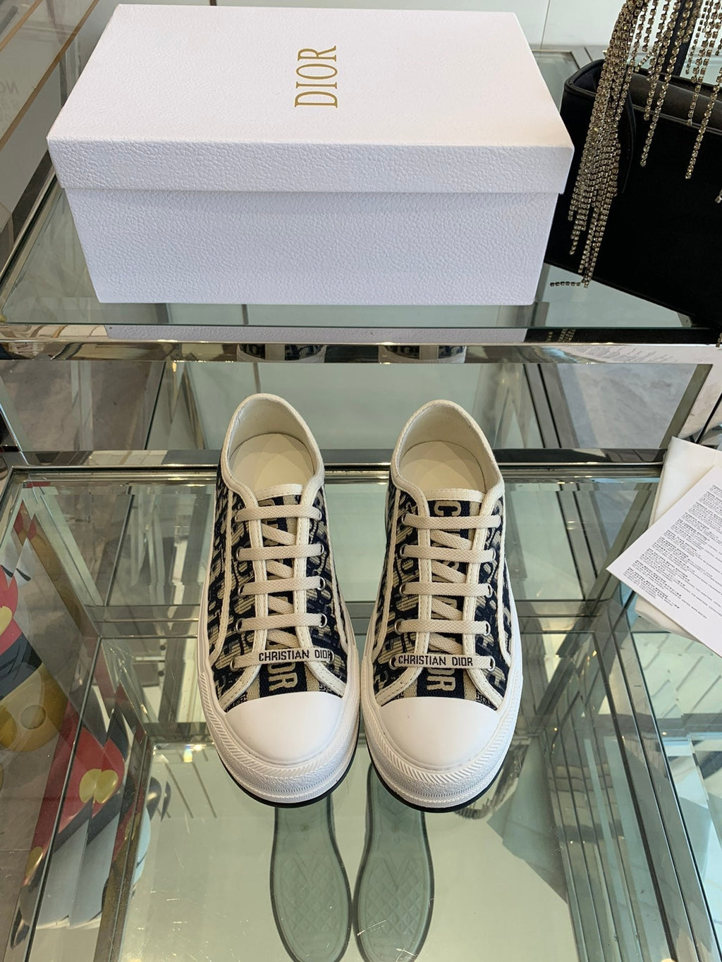 DIOR WALK'N PLATFORM SNEAKER IN BLACK MIX CAMEL BROWN EMBROIDERY ICONIC PATTERNS FABRIC