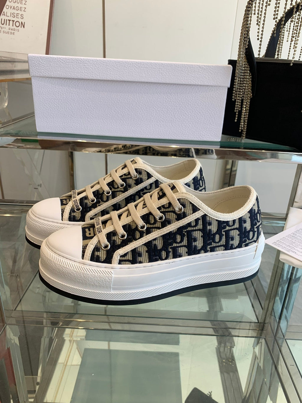 DIOR WALK'N PLATFORM SNEAKER IN BLACK MIX CAMEL BROWN EMBROIDERY ICONIC PATTERNS FABRIC