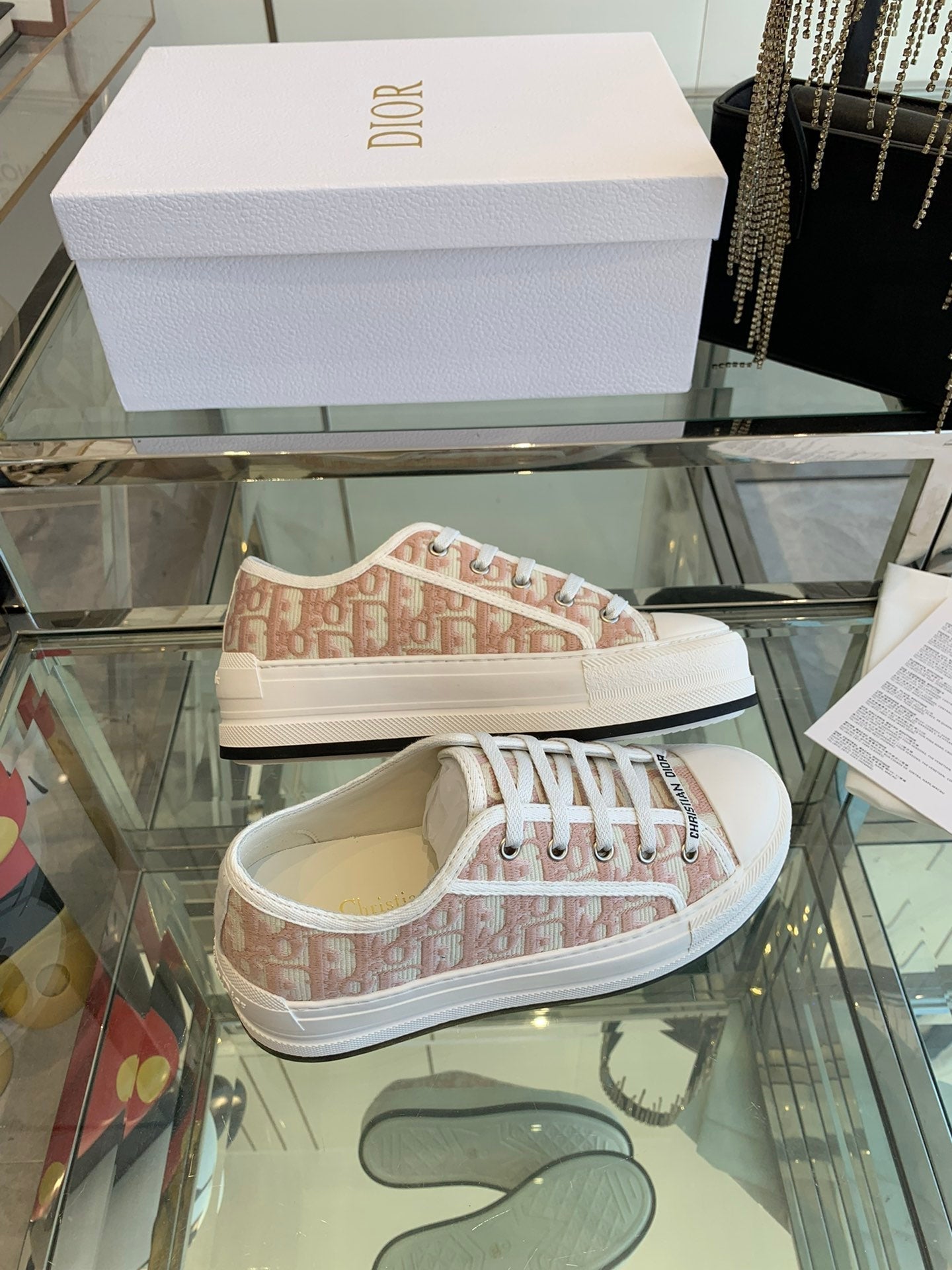 DIOR WALK'N PLATFORM SNEAKER IN IN LIGHT PINK EMBROIDERY ICONIC PATTERNS FABRIC