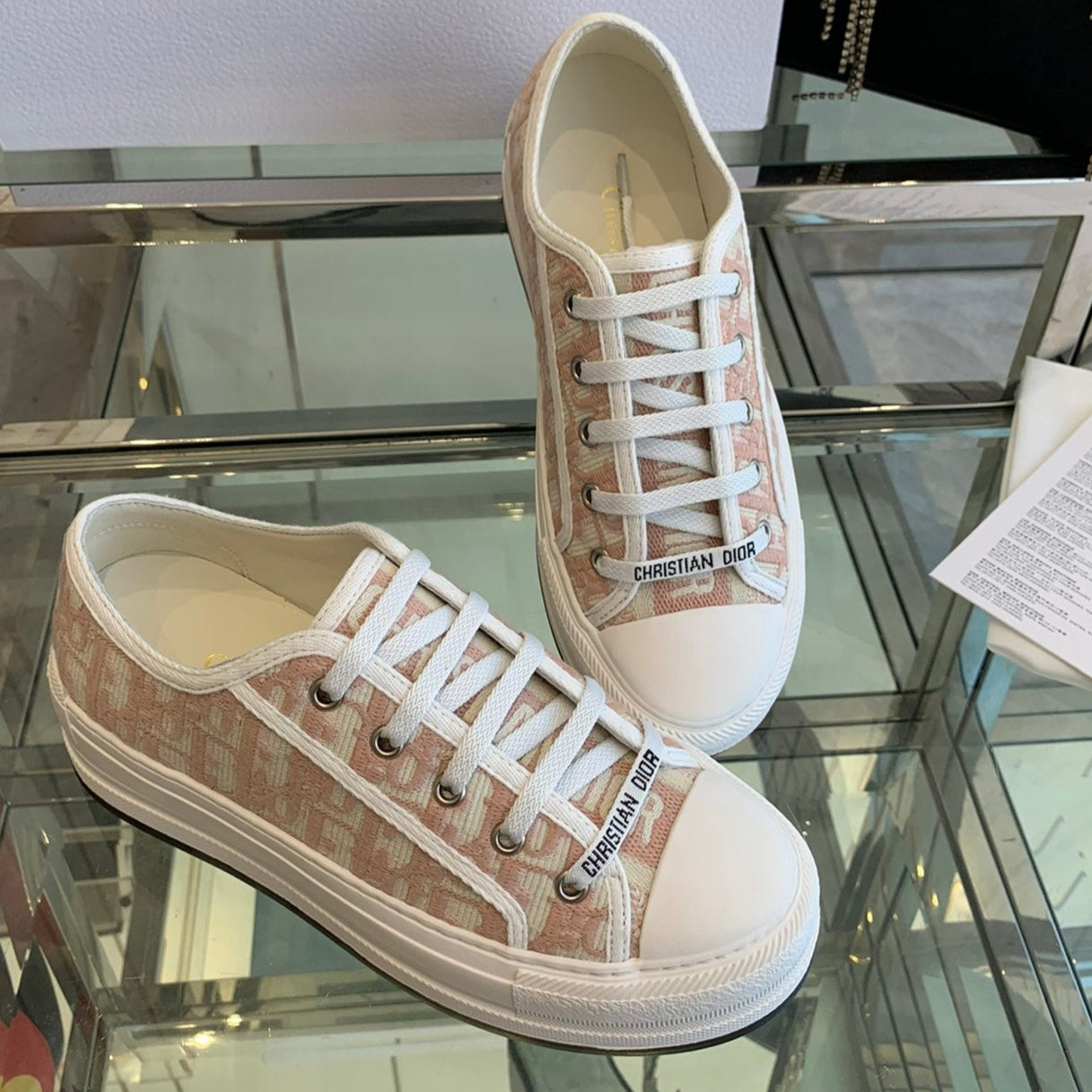 DIOR WALK'N PLATFORM SNEAKER IN IN LIGHT PINK EMBROIDERY ICONIC PATTERNS FABRIC
